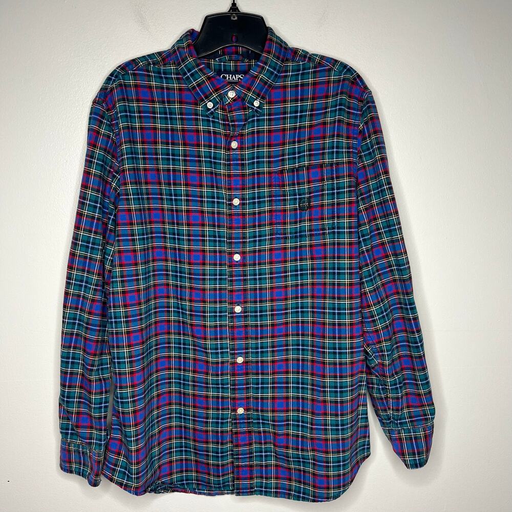 Chaps Classic Oxford Casual Button Down Shirt Men's L 100% Cotton Holiday Plaid